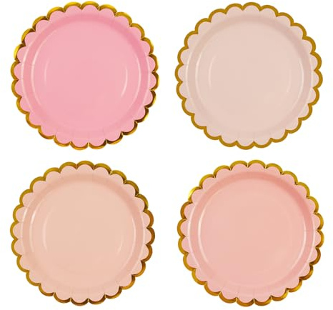 DHAIQC 48PCS Rosa Pappteller 18cm, Farbverlauf Rosa Partyteller mit Gewellter Goldrand Einwegteller Dessertteller Kuchenteller für Geburtstag Hochzeiten Jubiläums