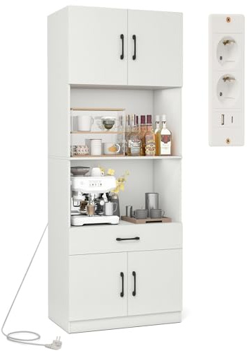 COSTWAY Credenza da Cucina Salvaspazio, Mobile Dispensa con Stazione di Ricarica, 4 Ante, 2 Ripiani Regolabili e 1 Cassetto, Armadio Alto per Soggiorno e Sala da Pranzo, 65 x 38 x 168 cm