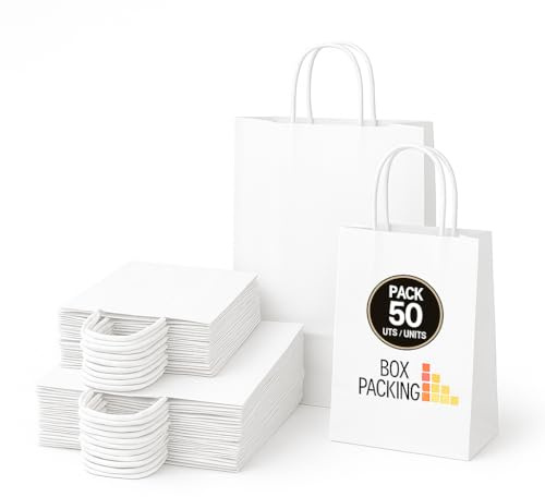 BOXPACKING | Sacs Kraft avec Poignée | 50 Sac Papier Blanc | 25 Sachet Cadeau 32x24x11 cm + 25 Petit sac Cadeau 24x18x8 cm | Sachet kraft Blanc | 115 g/m² | Sacs Cadeaux pour Boutiques & Événements
