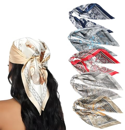 ZexJpr 5 Stück Kopftuch Damen, Bandana Tuch Set, 60x60cm Seidenschal Damen, Haartuch Damens zum Binden, Kopftücher in 5 Farbe, Ideal für Sommer, Reisen und Party