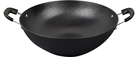 WOTZOV Padella Wok in ghisa, Wok a Doppio Orecchio, Grande pentola in Ferro, 36 cm，36cm