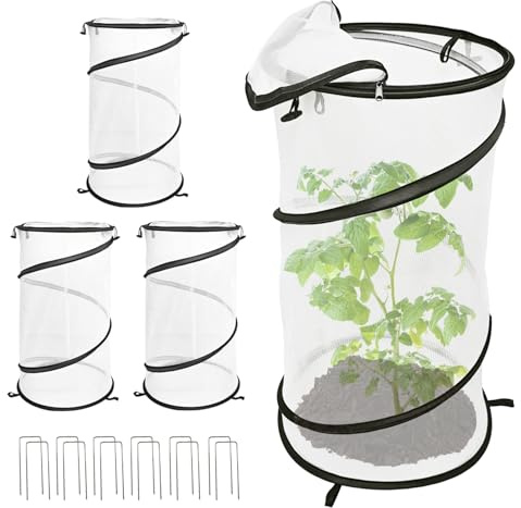 4 Pack Pop Up Plant Covers from Animals, 12x 24Round Foldable Insect Barrier Net Garden Plant Protectors with Stakes & Zipper, Bird Protection for Outdoor Vegetables Flowers Fruits Plants