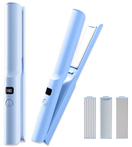 KUWUNG Mini Lisseur Sans Fil 2-en-1, Fer à Lisser et Boucler Portable, Rechargeable USB-C, Plaques en Céramique, avec Écran LCD (Bleu)