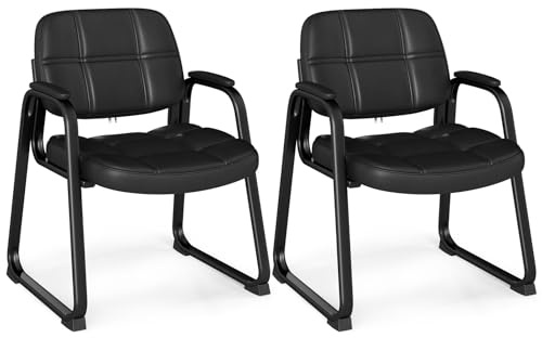GYMAX 2er-Set Bürostuhl aus Kunstleder, Ergonomischer Bürosessel mit Armlehnen & Metallrahmen, moderner Besucherstuhl für Wartezimmer, Konferenzräume, Schwarz