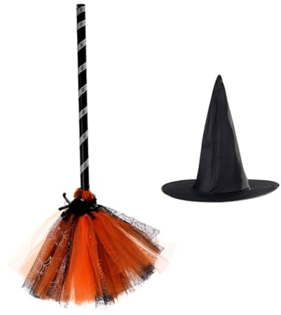 GLSTOY Halloween Witch Hat and Broom Set for Women, Orange Decorative Witch Hat Broomstick Cosplay Props for Masquerade Party Dress up