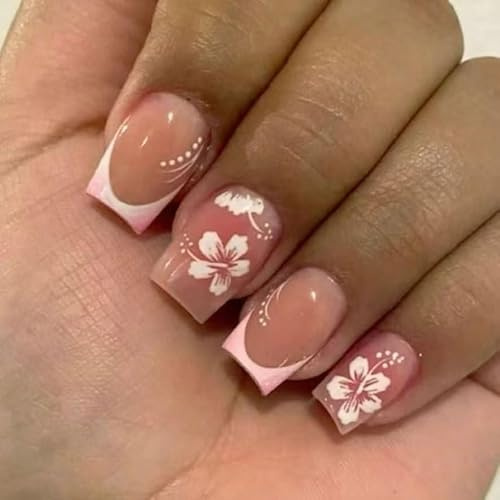 French Tip False Nails - 24Pcs Pink Short Square Press on Nails - White French Tip Fake Nails with Flower Design - Removable DIY Nail Art for Women & Long Lasting - Stick on Nails with Glue