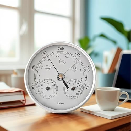 Analoges Barometer mit Thermometer-Hygrometer, 130 mm, 3-in-1-Wetterstation für Innen- und Außenbereich, Hausgarten (weiß)