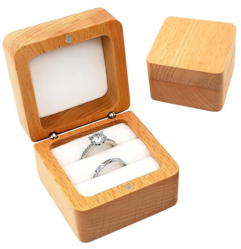 Techchii Ringschachtel Holz, Vintage Ringschatulle mit Doppeltem Schlitz, 6x6x4cm Quadratische Ringbox mit Samt Soft Interieur für Heiratsantrag, Verlobung, Hochzeit und Tägliche Lagerung