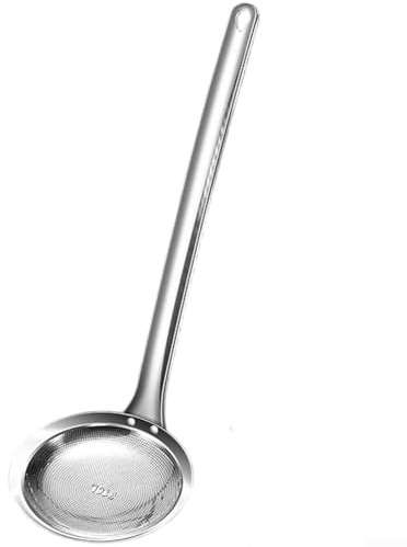 Feeshoppher Cuchara espumadora de acero inoxidable 316 con colador de cocina de malla fina, resistente al calor, mango largo para aceite de cocina, espuma y eliminación de líquidos, diseño pulido sin