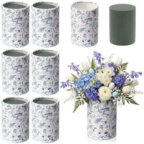 Remerry 6 Set Easter Cylinder Planter Box with Paper Removable Foam, Blue and White Rabbits Round Flower Box Table Centerpiece Retro Vase for Arrangements Artificial Flowers Home Party Easter Decor