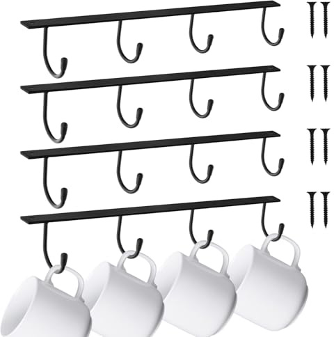 4 Pack Black Mug Holder, Mug Hooks Under Shelf, Under Cabinet Cup Holder with 16 Hooks, Metal Cup Hanging Rack Under Shelf Storage for Mugs, Cups Kitchen Utensils for Kitchen, Bar, Coffee Shop