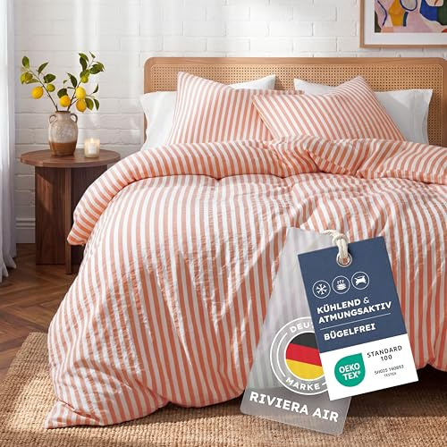Blumtal Premium Seersucker Bettwäsche 200x200 cm + 2X 80x80cm - Oeko-TEX zert. Baumwoll Bettwäsche 200x200 cm luftig Leichter Viskose-Baumwoll-Mix 50/50 - Sommerbettwäsche sanft & kühlend