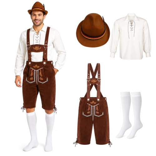 4-teiliges Trachtenset Herren Oktoberfest Outfit mit Lederhose und Hosenträgern, Trachtenhemd, Trachtenhut und Kniestrümpfen, Bayerische Tracht für Volksfest