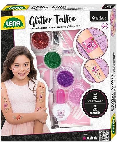 LENA - 42440 - Fashion Glitter Tattoo, set de mode pour styliser et décorer avec 4 couleurs scintillantes, pinceau, latex et dix pochoirs, décoration corporelle lavable pour filles à partir de 6 ans
