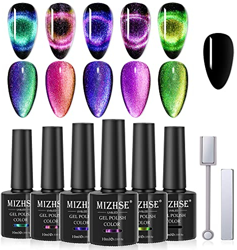 MIZHSE Cat Eye UV Cel 5 Farben 9D Cateye UV Gel und 1*Schwarz U V Nagellack mit 2 Magnetstiften, Holorgraphic Chamäleon Glitzer Magnetischer Gellack Katzenauge Soak Off U V 10ML 6ER Pack