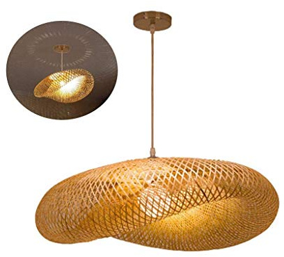 JIAODIE Lustre De Tissage Vintage Bambou Naturel Luminaire Suspendu Main En Bambou En Osier De Rotin Lampe Plafonnier Suspension Réglable E27 Restaurant Chambre À Coucher Salon Plafond Lustres,Ø50cm