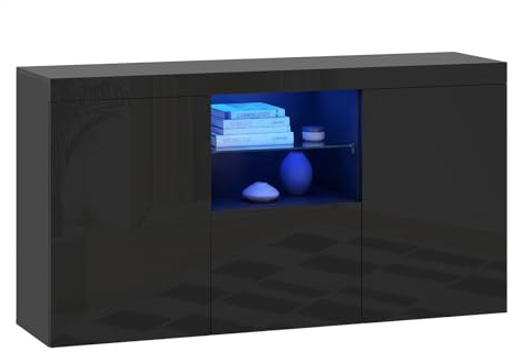 Panana High Gloss 3 Door Sideboard Cupboard with LED Lights Display Cabinet Storage Unit for Living Dining Room Bedroom Furniture (Black)