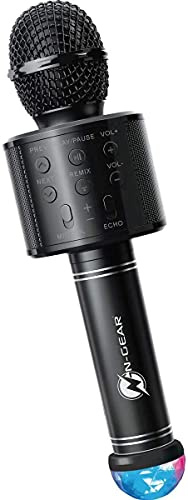 NGEAR SingMic S20L Bluetooth Karaoke Mikrofon mit 10W Max Leistung, 2 Zoll Lautsprecher, RGB Disco LED Beleuchtung, drahtloser Musikwiedergabe, Voice Effekten, MP3 über USB/MicroSD und AUX Ein/Ausgang
