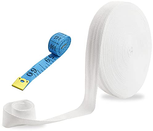 GIRAFEDA Baumwollband 25 mm Twill Band Weich Jersey Schrägband 45m Einfassband Baumwolle Fischgrätband Gefalztes Köperband Weiß Baumwollschrägband mit Zoll-Maßband für Handwerk Nähen Stricken