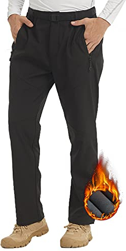 YUSHOW Pantaloni da sci da uomo impermeabili foderati in pile Softshell pantaloni da trekking per uomo tasche con cerniera, nero, S