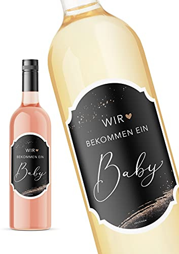 JoliCoon Flaschenetikett Wir bekommen ein Baby, 8,5x12cm | Strukturiertes Perlmuttpapier, selbstklebend, zuverlässige Haftung, für Wein-, Sekt-, Prosecco- und Geschenkflaschen