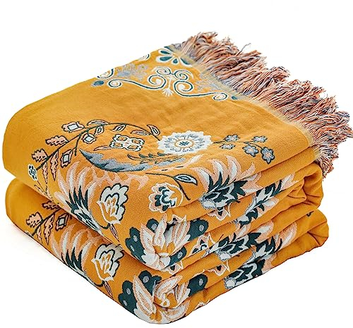 HOORDRY Tagesdecke Bettüberwurf, Boho Decke Sofa Baumwolle,Kuscheldecke Wendedecke 150CM× 200CM, Mit Fransen, Couch überwurf TV Decke Zum Für Couch Blanket Für Bett Schlafzimmer Gelb/Grün