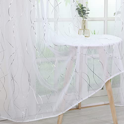 Yujiao Mao Voile Transparente Gardine mit silbern glänzenden Streifen Wohnzimmer Schlafzimmer Mordern Vorhang mit Kräuselband Gardinenschals Weiß BxH 140x145cm 1er Pack