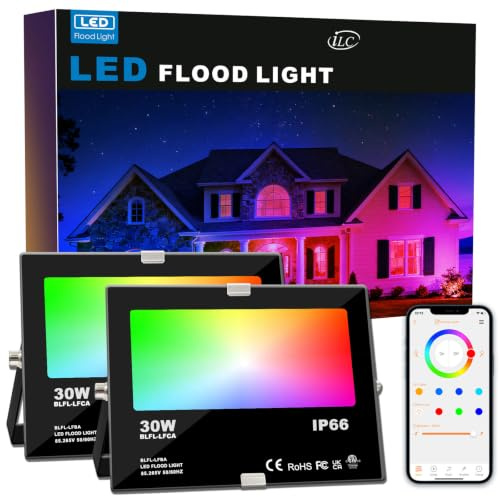 HEKEE Proyectores LED RGB para exteriores, equivalente a 300 W, luces de inundación inteligentes que cambian de color, controladas por aplicación, temporización, impermeabilidad IP66, enchufe