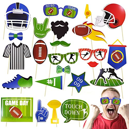 23 Pieces American Football Photo Booth Props, Super Football Bowl Party Photo Booth Props with Stick Sport Theme Selfie Props Game Day Picture Backdrop Decoration, Super Football Bowl Party Supplies
