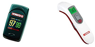GIMA SATURIMETRO Oxy-6 Pulsoximetro da Dito, Diametro 10-22 mm, Portatile, Rileva Saturazione, Battito e Perfusione & Termometro Infrarossi Frontale Laser Digitale Professionale