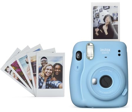 instax mini 11 instant film camera with 1 x 10 shot instant film cartridge, Automatic exposure, selfie lens, hand strap, Sky Blue colour