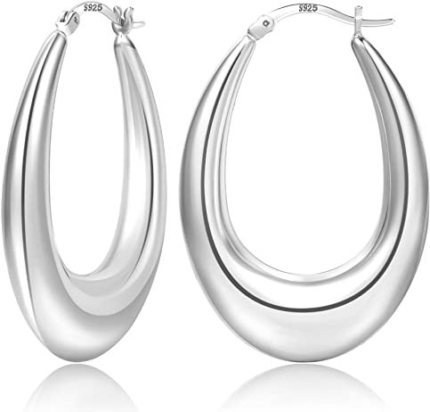 PABBEU Lightweight 14k Gold Plated Chunky Hoop Earrings for Women - Hypoallergenic 925 Sterling Silver Oval Hoops