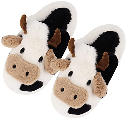Shoppawhile Hausschuhe Damen Winter Plüsch Warm Kuschel Flauschig Kuh Pantoffeln Gift Rutschfest Cozy Kuh Slippers EU 38-39
