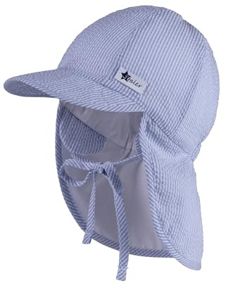 Sterntaler Schirmmütze mit Nackenschutz Streifen Seersucker, Bindeband für Jungen - Baby Mütze mit Ohrenklappen und UV -Schutz 50+ - Schirmmütze Baby mit Streifenoptik