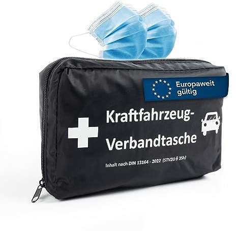 Floordirekt Borsa di medicazione per auto e 2 maschere – Borsa di primo soccorso a norma DIN 13164 – valida in tutta Europa – Set di kit di pronto soccorso per auto e moto (con giubbotto di sicurezza)