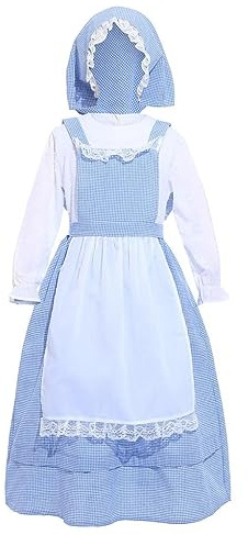 Lito Angels Disfraz Vestido de Medieval Colonial Pionero Guinga Cuadros Cachorro de dibujos animados con Delantal Blanco y Sombrero Gorro para Niñas Talla 3-12 años