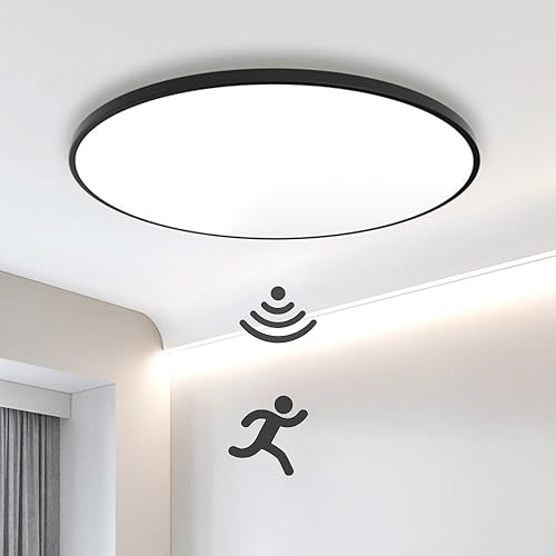 Mengjay Lampe de Plafond Moderne Lumière Blanche Froide,LED plafonnier avec détecteur de mouvement radar,Plafonnier Rond pour Cuisine,pour Salle de Bain, Bureau, Balcon, Garage (40W, Noir)
