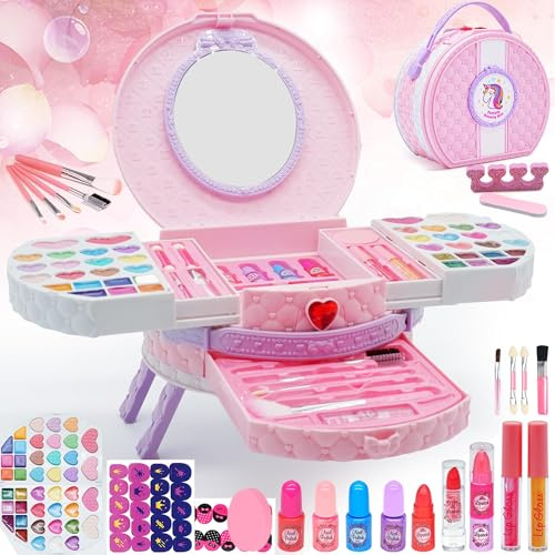 Kids Makeup Sets for Girls - 66 PCS Dresser Vanity Case Make Up Set for Girls Childrens Toddler, Washable and Safe Pretend Play Games Toys Makeup kids, Christmas Birthday Presents for 3+ Year Old Girl