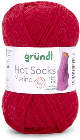 Gründl Hots Socks Merino uni, 4-filo filato per calzini, 50 g/200m, 75% lana vergine (Merino, superwash), 25% poliammide, senza mulesing, Öko-tex Standard, (16 rosso fuoco)