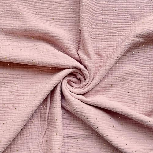 Textrend Stoff Musselin Double Gaze - Baumwollstoff - Meterware - 1 Meter 160 x 100 cm - Stoffe zum Nähen - Kinder - weich sanft - hell Altrosa mit goldenen Tupfen