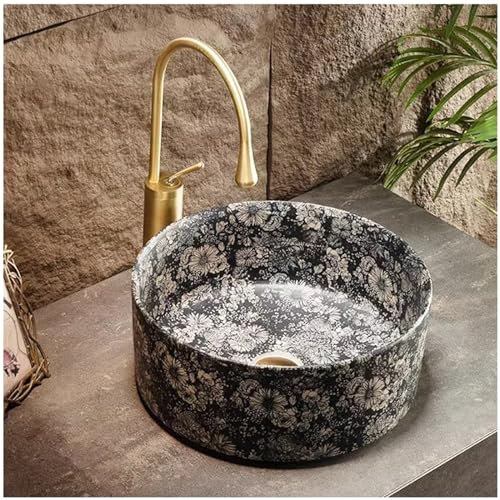 ZTGL Luxus-Waschbecken Rund | Aufsatzwaschbecken für Badezimmer und Gäste-WC | Handwaschbecken ohne Hahnloch und Überlauf | Design Waschbecken im modernen Stil, 39 x 17 cm,with Faucet Set