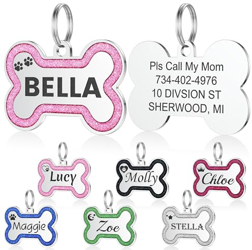 Hundemarke mit Gravur - YEHANTI Personalisierte Anhänger für kleine bis mittelgroße Hunde in Glitzerknochen - Edelstahl Hundemarke Personalisiert mit Name, Telefonnummer und Adresse (Rosa, Kleine)