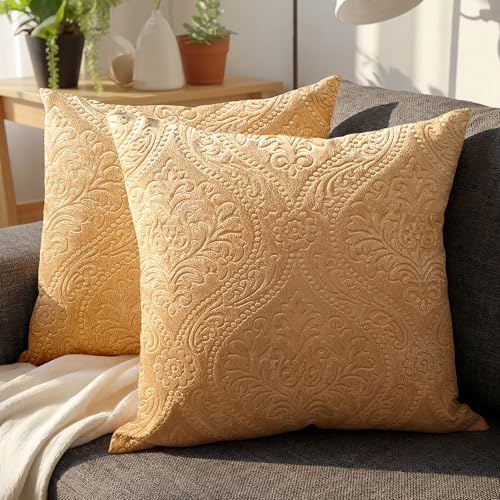 Encasa XO Samt Kissenbezug, ohne Füllung 40x40 cm Gold | Geprägtes Damast-Muster | Weicher Plüsch-Samt | Verdeckter Reißverschluss | Langlebig & Waschbar | 2er-Set