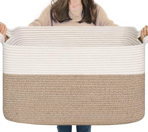 TIMEYARD Wäschekorb, Korb Aufbewahrung, Faltbarer Wäschekorb, Aufbewahrungskorb für Baby Spielzeug, Square Laundry Baskets, Korb Aufbewahrung für Decken, kissen, Gästehandtuchkorb, 65L, Weiß und Braun