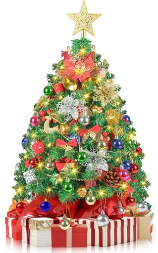 2FT Mini Christmas Tree, Small Tabletop Christmas Trees with 60 LED Lights, 24 Inches Prelit Christmas Tree with 100 Lifelike Branches and 80 DIY Ornaments, Xmas Table Decor for Home Indoor