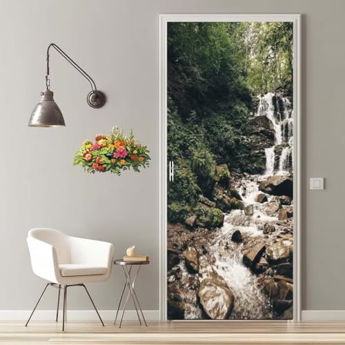 Türfolie Selbstklebend 3D Türaufkleber Wald Wasserfall Türtapete Selbstklebend Türposter 77X200 cm Türverkleidung Türtattoo Poster Abnehmbar Fototapete für Wohnzimmer Schlafzimmer Küche Bad -MT132