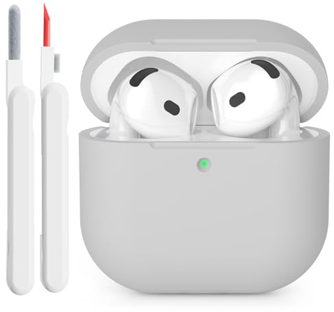 KOKOKA Silikonhülle Kompatibel mit AirPods 4 2024 Hülle Case, Front-LED Sichtbar, Stoßfeste Weiches Silikon Schutzhülle Case für AirPods 4. Generation mit Reinigungsset, Grey