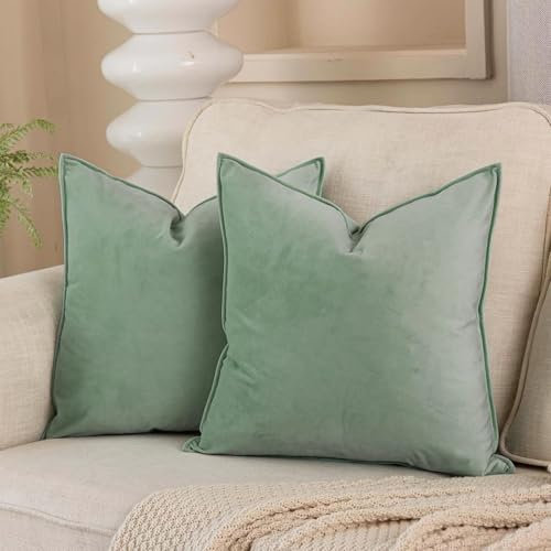 VAKADO Cushion Covers Velvet Decorative Pillow Covers Sage Green Christmas With Fringe Decor Soft Square Cozy Solid Color Cushion Cases Home for Bed Bedroom Sofa Couch Car Set of 2,45X45