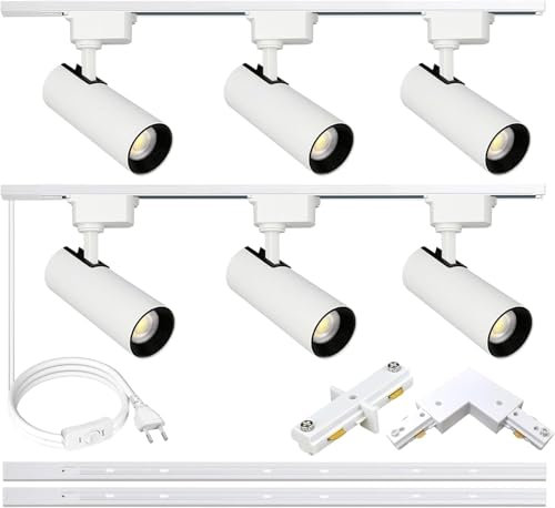Bravsekai Kit bianco di Teste per Illuminazione a Binario, 6 Luci a Binario Estese, Binari Tipo H 2x1m, 20W, 4000K Bianco Naturale, Apparecchio per Faretti a Soffitto