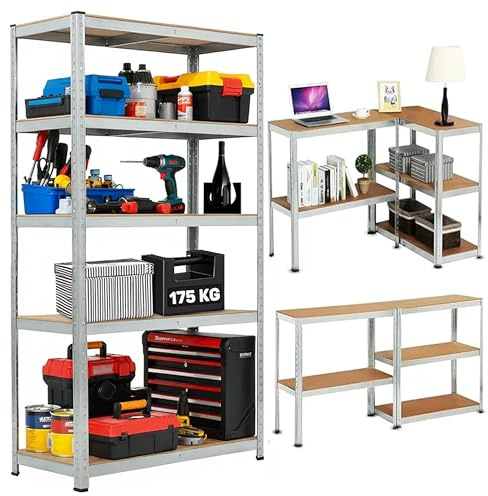 LUXTROUS Garage Shelving Units, 5-Tier Storage Shelves, 175kg Per Shelf, 5mm MDF Boards, Shed Storage Racking Shelf Adjustable Metal BOLTLESS Design for Living Room,Office(Silver,70x30x150cm)